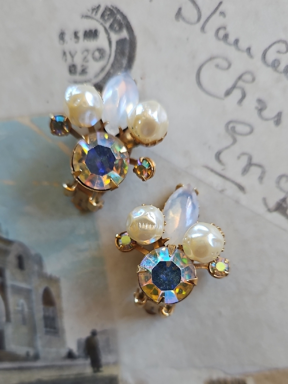 BEAU JEWEL Iridescent Rhinestones and Faux Pearl Cluster Clip-On Earrings
